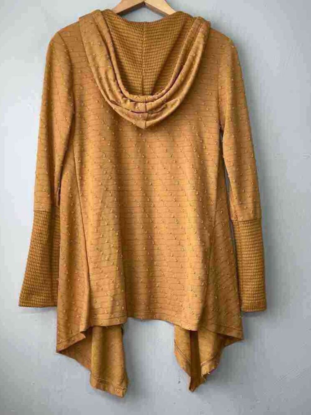 Mustard Yellow Textured Hooded Waterfall Open Cardigan Waffle Cuffs Pockets - Picture 2 of 5